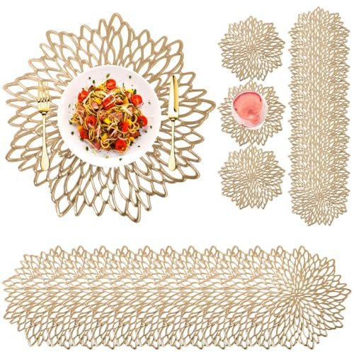 Gold Placemats Set of 24, Including 12 Pcs Charger Plates & 12 Pcs Coasters, Heat-Resistant Hollow Table Mats, Washable Round Dining Placemats, Wedding Table Decorations