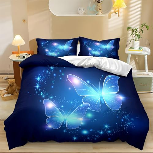 Bettbezug Reißverschluss mit Kissenbezug Bettwäsche 135 x 200 cm Leuchtender Blauer Schmetterling 3D Bedrucktes Bettwäsche-Set Blau auf Weiches Mikrofaser-
