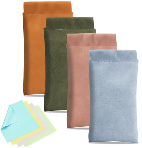 wonkeken 4 Pcs Leather Glasses Bag Water Proof Soft Eyeglass Case Slim Glasses Case Portable Squeeze Top Leather Glasses Pouch with Cleaning Cloth for Women Men Kids