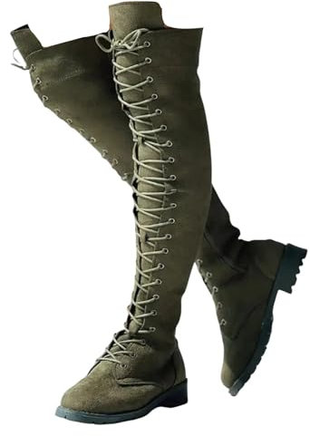 Stivali alti da donna sopra il ginocchio con tacco basso, stivali alti stretti con lacci,Stivaletti da equitazione con tacco basso grosso, Verde, 36.5 EU