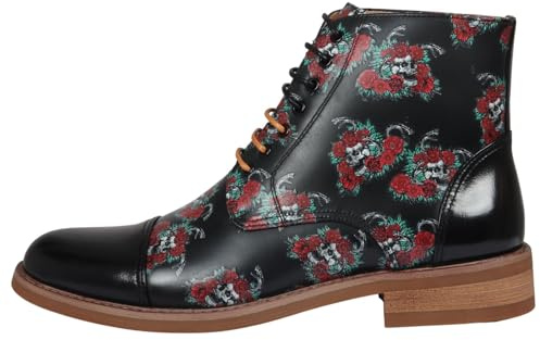 TruClothing Men's Boot Black Oxford Floral Skull Print Lace Up Leather Dress Ankle Boots