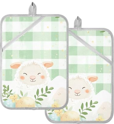 Foiosoh Topflappen-Set, hitzebeständige Oster-Lammblätter und karierte Topflappen mit Taschen, Küchen-Pads, Ofenhandschuhe, 2 Stück