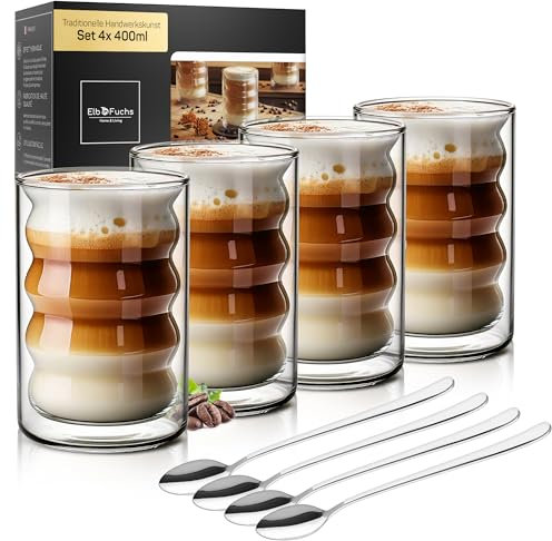 ElbFuchs® Latte Macchiato Bubble-Gläser Set [4×400 ml] Doppelwandige Thermogläser, kristallklar mit Löffeln | Cappuccino-Gläser, Kaffeegläser & Teegläser