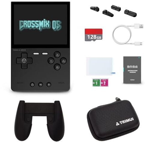 TRIMUIBRICK Handheld Game Console + Surwish CrossMix OS with ROMs 128G TF Card Game Controller Game Controller Tempered Film, 3.2 Inch Video Gaming Consoles for Family Indoor Games (Black - 128G)