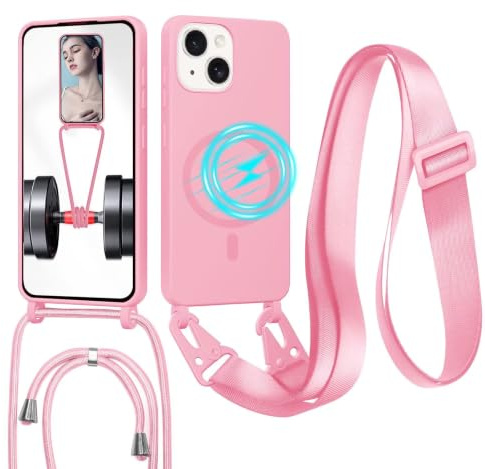 GoodcAcy Handykette Hülle für iPhone 13(6.1) mit Band Halsband Lanyard (abnehmbar) Handyhülle, Kordel zum Umhängen,Magnetisch Stoßfest Silikonhülle Wireless Charging kompatibel,pink