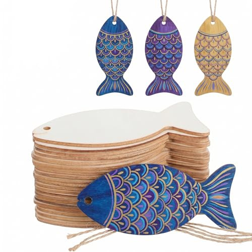 Veemoon Unfertiges Fisch Ornament Holz Mit Hanfseile, 32 StüCk Rohlinge Holz Basteln Naturholz