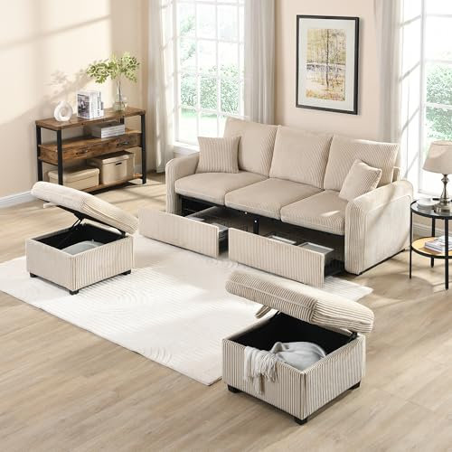 A ALFRESCOOL Sofa mit Schlaffunktion, Sofa 3 Sitzer, U Couch mit Schlaffunktion, Inklusive Schubladen + Hocker Staufach Cord-Stoff für Wohnzimmer, Schlafzimmer （Beige）