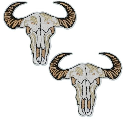 2 X Buffalo Skull Patch – Wild West Embroidered Iron-On Applique (8 x 7cm) for Jackets, Vests, Hats & Crafts