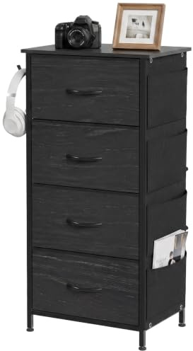 HOMCOM Chest of Drawers, Dresser for Bedroom with 4 Fabric Drawers, Tall Storage Unit with 4 Pockets, 2 Hooks and Steel Frame for Living Room, Hallway, Black