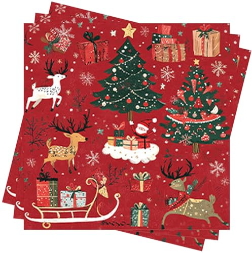 Servietten Weihnachten Rote, 80Stück Weihnachtsservietten mit Weihnachtsbaum Rentier Winter Papierservietten Fröhliche Weihnachten Christmas Napkins Papierservietten 33x33cm