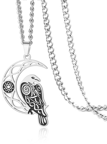 VASSAGO Wikinger-Raben-Halskette für Frauen und Männer Edelstahl-Halskette mit Halbmond Odin-Raben-Anhänger Amulett Schmuck Geschenk