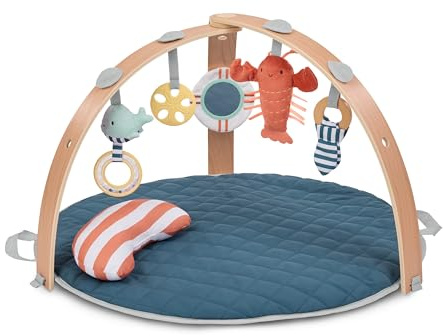 Ingenuity Cozy Spot Activity Gym & Spieldecke, wendbare Duvet‑Baby Spielmatte mit Holz‑Spielbogen – Harbor Haven (neutral), ab Geburt