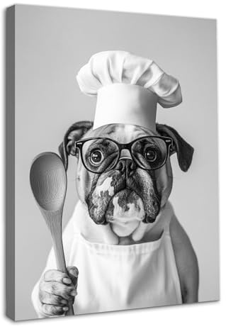 Dazzlewall Framed Funny Dog Wall Art Poster Dog Chef Print, Black and White Animal Picture for Bedroom Kitchen Dining Room Decor 12x16 in
