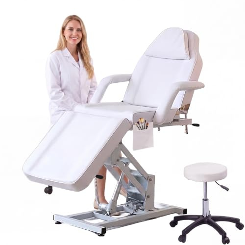 LSBIKE Kosmetikliege Elektrisch, Kosmetikstuhl Höhenverstellbare, Massagetisch & Tattooliege mit abnehmbaren Armlehnen & Kopfteile, Massageliegen PU-Leder Set für Spa, Tattoo, Gesichtspflege (Weiß)