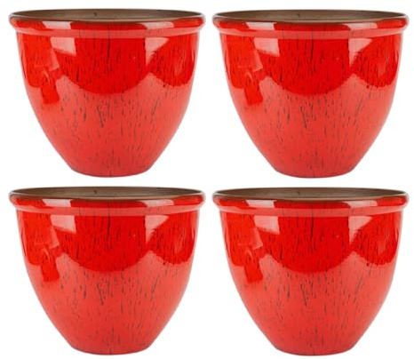 Set of 4 x 30cm Large Round Outdoor Plant Pots – Glossy Ceramic Effect Garden Planters | Heavy Duty Plastic Flower Pots with Drainage Holes | Frost & UV Resistant for Patio & Balcony (Red)