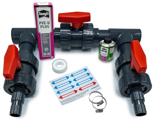 Baumaxxe Pool Bypass Set 40mm I 15-teilig mit 3 Kugelhähnen, 2 Schlauchtüllen 32/38mm, 2 T-Stücken, 4 Rohren, PVC Kleber & Reiniger I Für 40mm Poolverrohrung 32mm & 38mm Poolschläuche I bm370