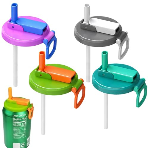 4 PCS Soda Can Lids with Straw, Reusable Can Covers for Standard Beverage Cans, Spill-Proof Drink Can Lids, Multi-Colour Set for Outdoor Activities and Household Use, Durable Plastic Construction wit
