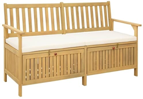 vidaXL Sitzbank mit Stauraum mit Kissen mit Speicher 148 x 63 x 84 cm, Garten- und Terrassenbank aus Akazie, rechteckig, wetterfest, vielseitig einsetzbare Holzmöbel