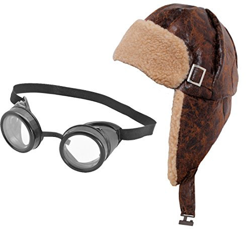 ALT LEDER AUSSEHENDE FLIEGERKAPPE = VON ILOVEFANCYDRESS®=MIT EINEM TEIL HELL BRAUNEN TEDDYFELL =RETRO STYLE RUSSENMÜTZE AUS KUNSTLEDER = MIT FLIEGER GOGGELS =AVIATOR HAT SET 1940S STYLE PILOT HAT + BLACK GOGGLES FANCY DRESS ACCESSORY SET 40'S WARTIME PILOT FLYING HELMET ADULTS COSTUME SET= VON ILOVEFANCYDRESS