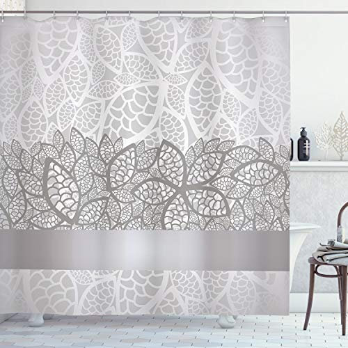 ABAKUHAUS Grau Duschvorhang, Lace Inspired Floral, Stoffliches Gewebe Badezimmerdekorationsset mit Haken, 175 x 200 cm, Grau Hellgrau Weiß
