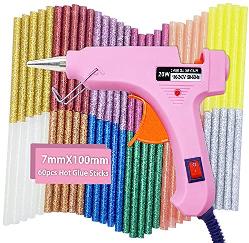 Hot Glue Gun, Heats Up Quickly 20W Mini Heating Hot Include 60 Pieces Glitter Hot Glue Colored Gun Sticks, 12 Colors,for DIY Arts, Hobby, Craft, Home Repairs, Fabric,Wood, Glass, Card (Pink)