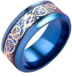 HIJONES Herren Edelstahl Blau Keltischer Gold Drachen Ring Mit Carbon Fiber Inlay Ehering 8MM Blau Größe 70