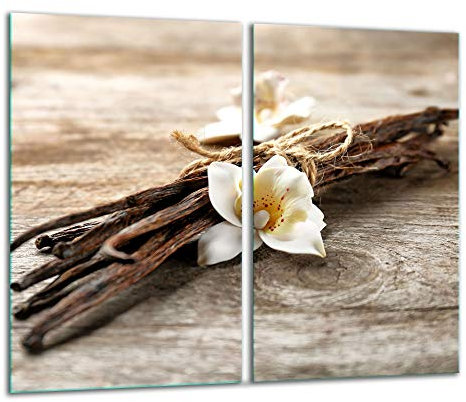 TMK | Herdabdeckplatten 2 Teilig 2x30x52 cm Ceranfeldabdeckung Küche Elektroherd Induktion Herdschutz Spritzschutz Glasplatte Schneidebrett Holz Blume