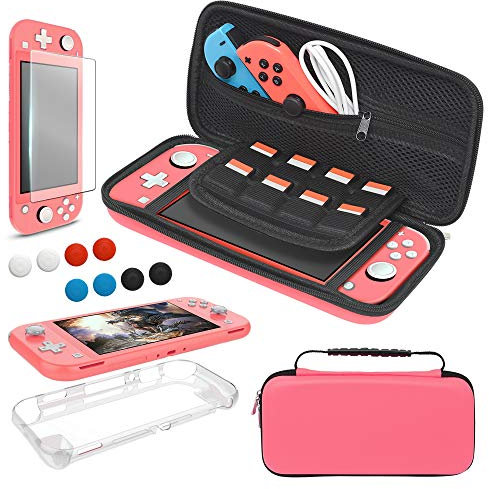 Tasche und Schutzhülle Kompatibel mit Nintendo Switch Lite Zubehör Set, YUANHOT Tragetasche & Hülle für Switch Lite & Displayschutzfolie & Joystick Kappe - Koralle