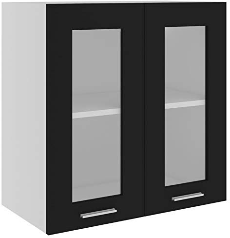 Tidyard Hängeglasschrank mit 2 Türen Aufbewahrungsschrank Einbauküche Küchenzeile Küchenmöbel Oberschrank Küchenschrank Schwarz 60 x 31 x 60 cm Spanplatte Glas