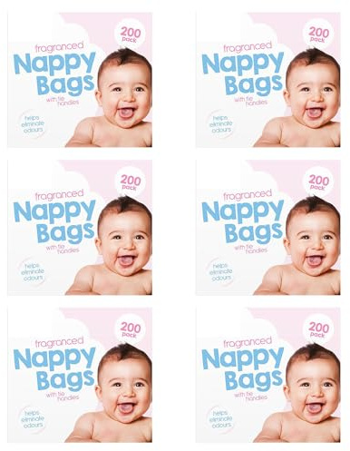 FAQ 6 Boxes x 200 (1200) Baby Fragranced Scented Nappy Bags with TIE Handles Disposable Sacks