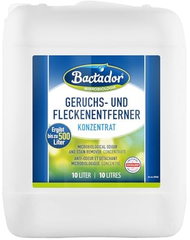 Bactador Enzymreiniger - Geruchsentferner & Fleckenentferner Konzentrat 10L - Mikrobiologischer Geruchsneutralisierer - Porentiefe Reinigung - Ergibt bis zu 500 Liter - Hunde/Katzenurin Entferner