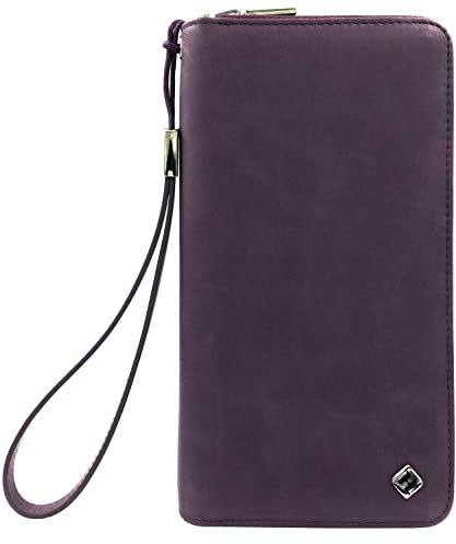 Damen Portemonnaie Oil-Wax-Leder lila groß lang, RFID Schutz, Münzfach, viele Fächer Handyfach, Clutch Geldbörse Portmonee Geldbeutel Brieftasche Damenbörse Damengeldbörse Geldtasche Damenportemonnaie
