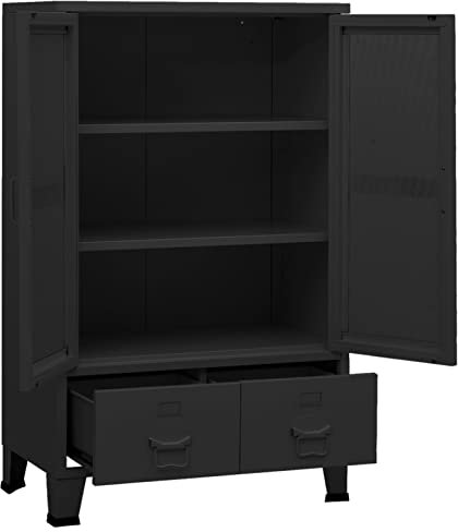 Gecheer Lagerschrank Metall, Sideboard Kommode Beistellschrank Vitrinenschrank Büroschrank Metallschrank 2 Einlegeböden & 2 Schubladen Industrie-Stil Schwarz 70x40x115 cm