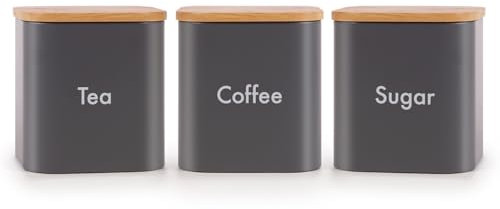 Ehc Tea, Coffee, Sugar, Canister Set, Storage Canister Set - Easy to Open Airtight Lids - Storage Tea, Sugar, & Coffee - Set of 3 Canisters, Grey
