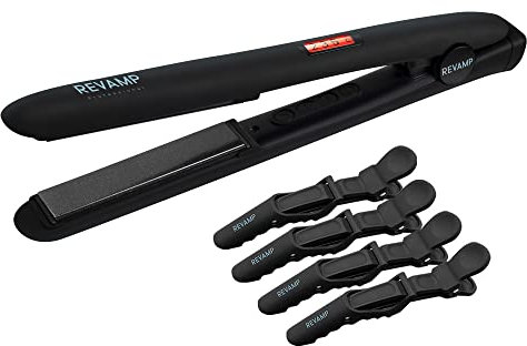 REVAMP Progloss Digital Ceramic Straighteners + Hair Sectioning Clips,Slim,Lightweight,Salon Professional Straightening and Curling Hot Iron Styler All Hair Type,Adjustable Temperature,Black,One Size