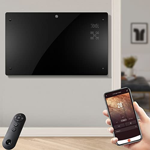 Electric Wall Heater Glass Panel Heater Radiator Slim 2000W Electrical Convection Heating WiFi Smart Heater, Adjustable 3 Heat Settings with Thermostat, Energy Efficient, Wall Mounted Or Free Standing