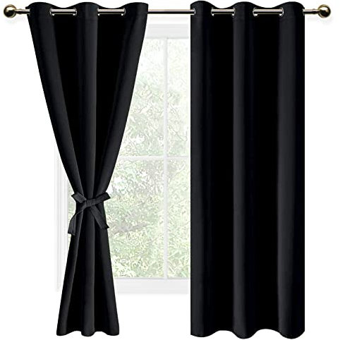 DWCN Gardinen Blickdichte Vorhänge Schlafzimmer Ösen Thermo Verdunklungsvorhänge mit Ösen Blickdichte Gardinen Schlafzimmer 2 Stücke, Schwarz, 183x117cm(HxB)