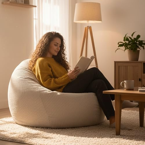 LIVEDECO - Pouf Poire Déhoussable avec Billes, Velours Côtelé Beige, Intérieur pour Salon, Chambre - BiG52