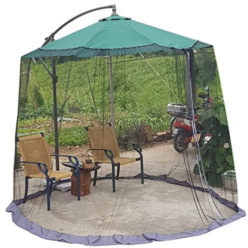 Moustiquaire Parasol pour terrasse, Moustiquaire Parapluie Patio vec 2 Portes zippées et Corde réglable, moustiquaire en Maille Polyester pour Parasol d'extérieur de 8.2-10.5ft et Table Patio