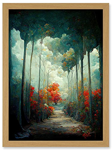 Doppelganger33 LTD Autumn Forest Path Landscape Scene Painting Artwork Framed Wall Art Print A4