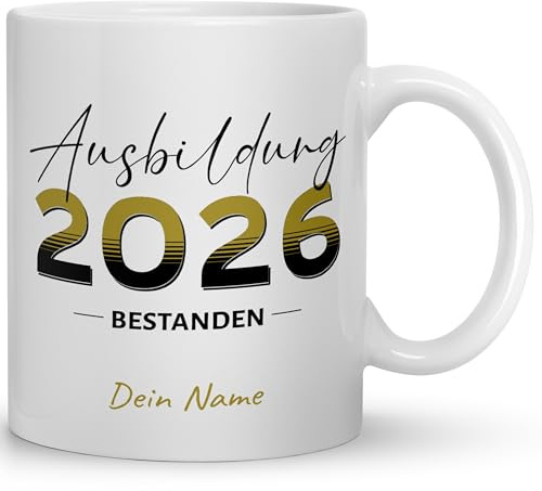 Tasse Ausbildung Bestanden 2026 mit Namen | Geschenk zur bestandenen Ausbildung für Erzieherin, Azubi, Handwerk & Büro | Personalisierter Kaffeebecher 330 ml – Spülmaschinenfest & Druck in Germany