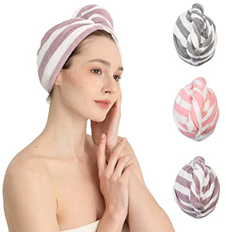 Good Nite 3 Stück Mikrofaser Haarturban mit Knopf Super Saugfähiges Haarhandtuch für Damen - Schnell Trocknendes Turban Handtuch aus Mikrofaser