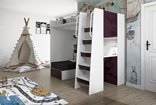 Marlux-Meble Hochbett JSM-7 90x200 TREPPE RECHTS mit Schreibtisch Schränke und Ausklappbares Sofa 70x180 Hochglanz Funktionsbett Etagenbett Stockbett Kinderhochbett Jugendhochbett (Violett Glanz)