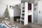 Marlux-Meble Hochbett JSM-7 90x200 TREPPE RECHTS mit Schreibtisch Schränke und Ausklappbares Sofa 70x180 Hochglanz Funktionsbett Etagenbett Stockbett Kinderhochbett Jugendhochbett (Violett Glanz)