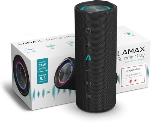 Lamax Sounder2 Play Bluetooth Lautsprecher, 24 Stunden Hörvergnügen, Hervorragende 24 W Leistung, Visuelle Effekte, Bluetooth 5.3, IP67 Wasserbeständigkeit, Mikrofon für Anrufe