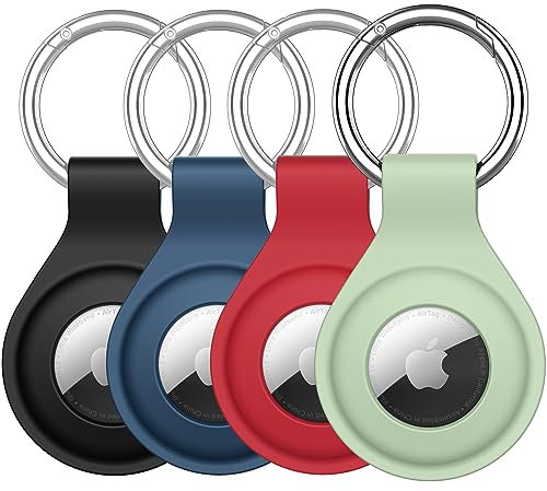 JETech Silikon Hülle für AirTag 2021 mit Schlüsselanhänger, Schutzhülle Air Tag Anhänger, Tragbar Keyring Abdeckung, Einfache Installation, 4 Stück (Schwarz/Rot/Navy Blau/Matcha Grün)