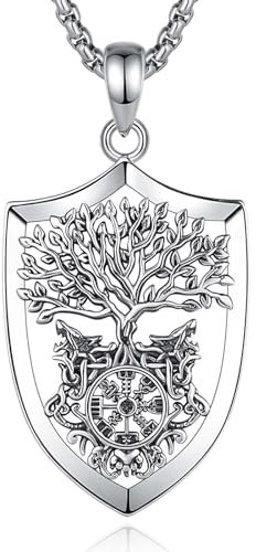 INFUSEU Collier Viking pour Homme, Argent 925 Pendentif Arbre De Vie Yggdrasil Bijoux Viking Loup Celtique Fenrir Loup Valknut Jormungandr Odin Corbeau Allah Cadeau pour Homme