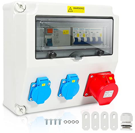 Jopassy Wandverteiler mit Leitungsschutzschalter und FI,5 Polig Baustromverteiler mit 2xSchuko-Steckdose und CEE-Steckdose 16A Stromverteiler für Innen und Außen