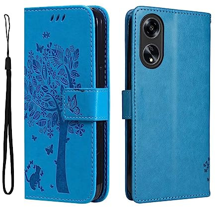 GOKEN Cover per Oppo A18 4G / Oppo A38 4G, Custodia Flip TPU/PU Portafoglio Pelle con Stand/Carte Slot, Chiusura Magnetica Goffrata con Motivo Telefono Case Custodie, Blu