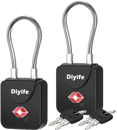Luggage Locks with Key, [2 Pack] Diyife TSA Approved Luggage Locks, Suitcase Locks, Small TSA Travel Lock with Zinc Alloy Steel Cable Ideal for Backpacks, Bags, Toolbox, Case (Black)